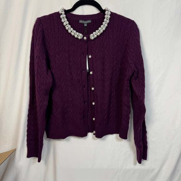 Adrianna Papell Sweaters - Adrianna Papell Cable Long Sleeve Cardigan Sweater with Pearl Buttons and Pearl